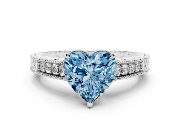 Fancy Blue Heart Cut Solitaire Pavé Diamond Milgrain Engagement Ring with Four-Prong Setting Platinum