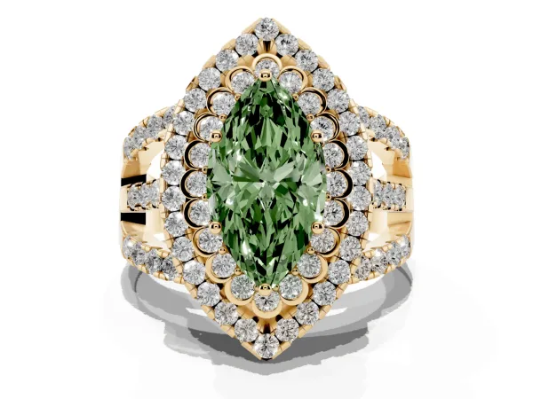 Fancy Green Marquise Cut Diamond Double Halo Ring with Round Pavé Split Shank and Prong Setting Yellow gold
