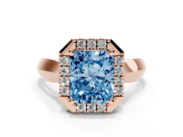Fancy Blue Radiant Cut Cut Halo Solitaire Engagement Ring with Square Band and Four-Prong Setting Rose gold