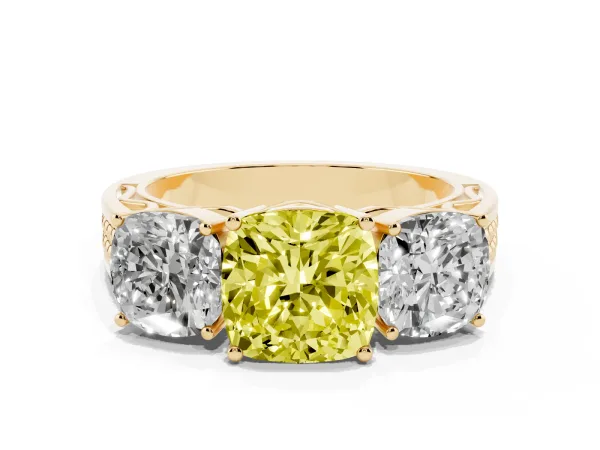 Fancy Yellow Cushion Cut Diamond Three-Stone Ring with Prong Setting and Textured Band Yellow gold