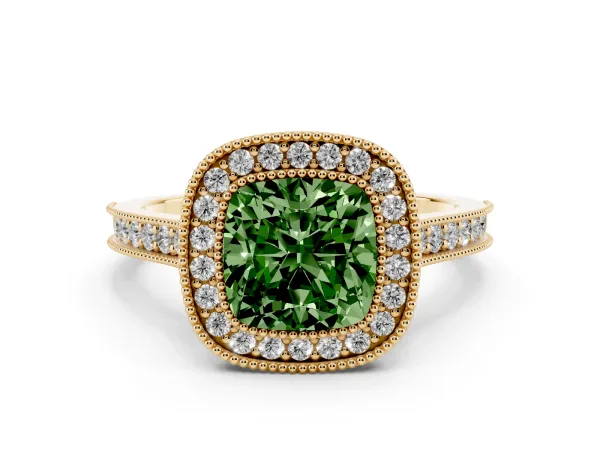 Fancy Green Halo Cushion Cut-Cut Diamond Pave Band Milgrain Prong Setting Ring Yellow gold