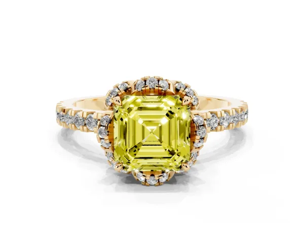 Fancy Yellow Asscher Cut Halo Diamond Pave Band Ring with Four-Prong Setting Yellow gold