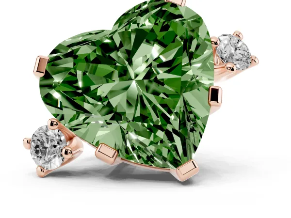 Fancy Green Heart Cut Cut Three-Stone Solitaire Ring with Round Accent Diamonds and Four-Prong Setting Rose gold