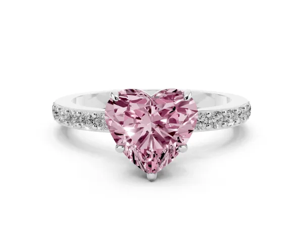 Fancy Pink Heart Cut Diamond Pavé Engagement Ring with Round Accents and Prong Setting White gold