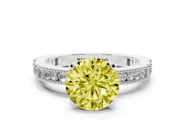 Fancy Yellow Round Cut Solitaire with Pavé Band and Four-Prong Setting White gold