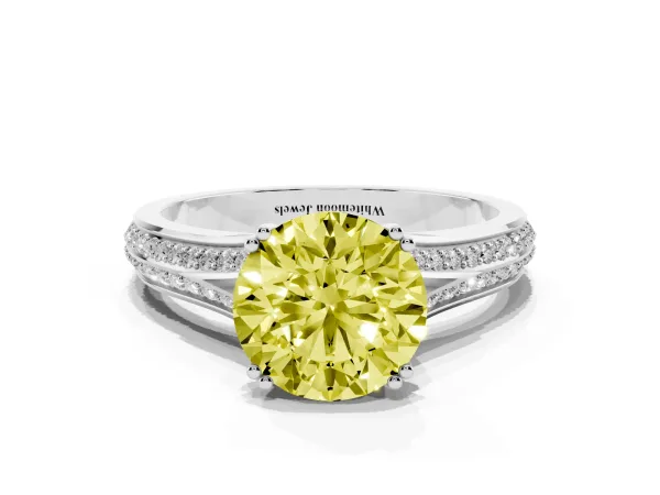 Fancy Yellow Round Cut Diamond Split Shank Engagement Ring with Pavé Band Platinum