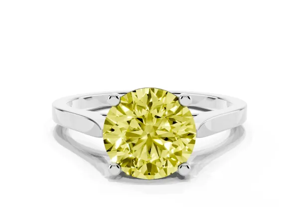 Fancy Yellow Round Cut Solitaire Diamond Ring with Four-Prong Setting and Tapered Band White gold