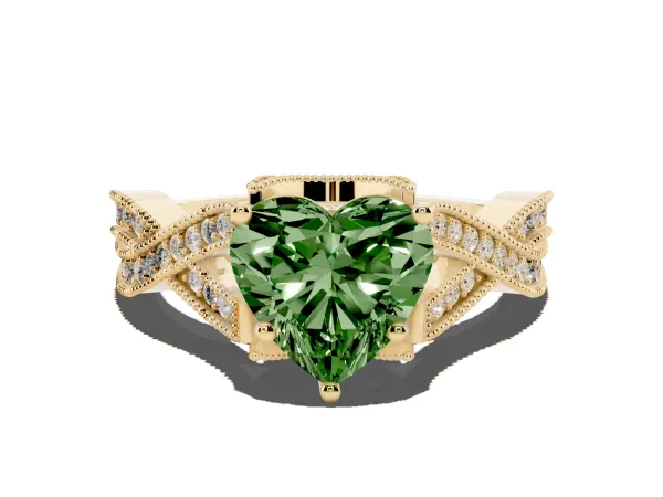 Fancy Green Heart Cut Cut Diamond Twisted Band with Milgrain Pave Setting and Four-Prong Setting Yellow gold
