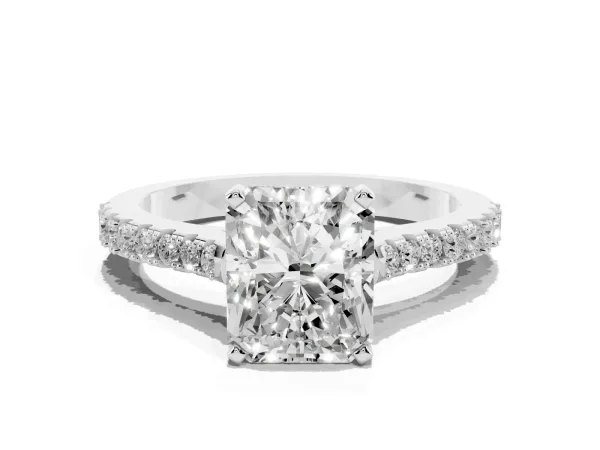 Radiant Cut Cut Solitaire Diamond Engagement Ring with Pave Band and Four-Prong Setting White gold