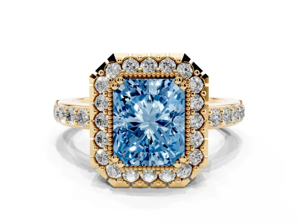 Fancy Blue Radiant Cut Diamond Halo Ring with Pavé Band and Prong Setting Yellow gold