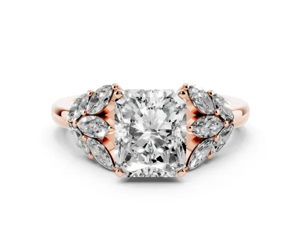 Radiant Cut Diamond Cluster Leaf Design Ring with Prong Setting Rose gold