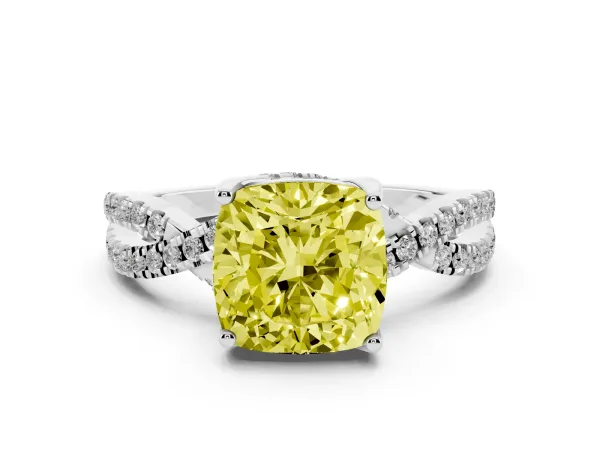 Fancy Yellow Cushion Cut Solitaire Twist Pave Diamond Engagement Ring with Prong Setting White gold