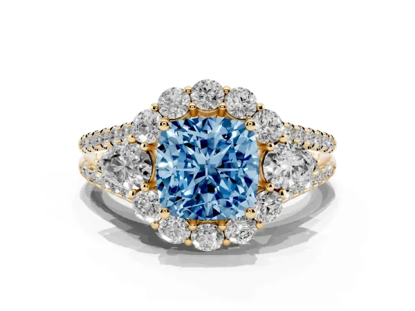 Fancy Blue Cushion Cut Halo Split Shank Diamond Engagement Ring with Prong Setting Yellow gold