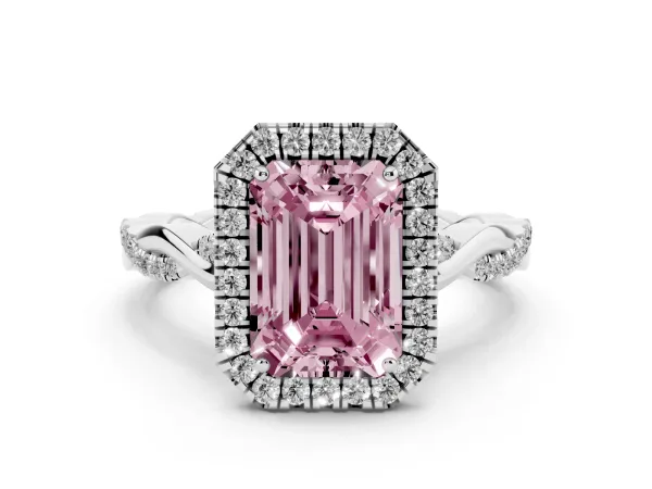 Fancy Pink Emerald Cut Halo Twist Band Solitaire Ring Platinum