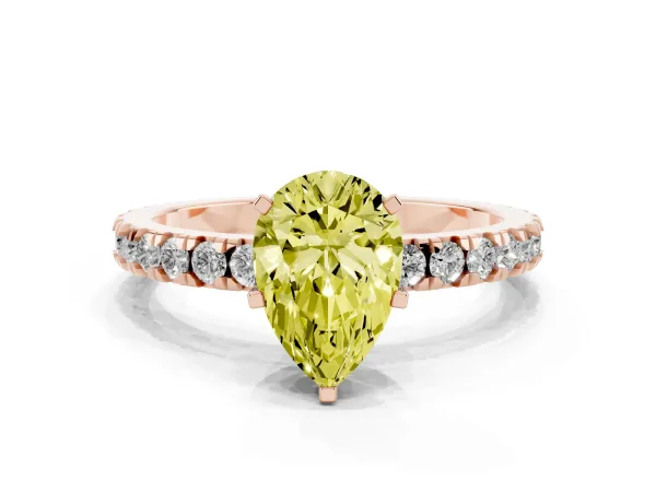 Fancy Yellow Pear Cut Diamond Pavé Band Solitaire with Four-Prong Setting Rose gold