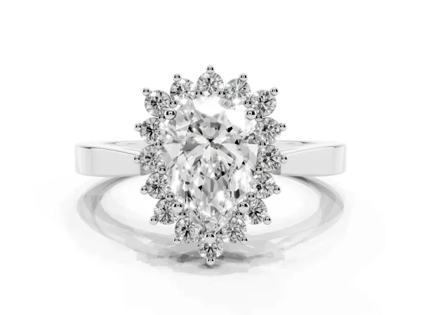Pear Cut Cut Diamond Halo Ring with Round Brilliant Halo and Solitaire Band White gold