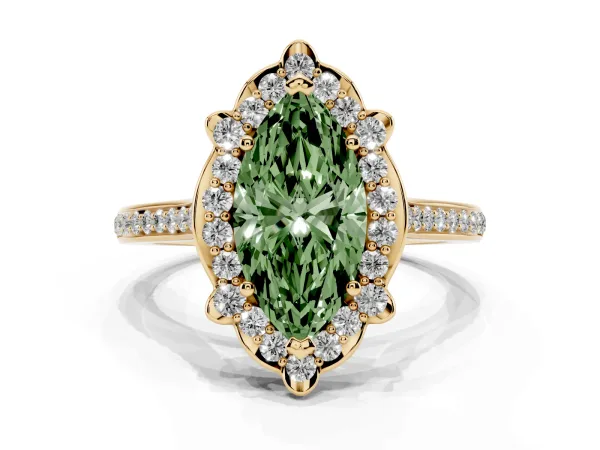 Fancy Green Marquise Cut Halo Round Diamond Pave Band with Four-Prong Setting Yellow gold