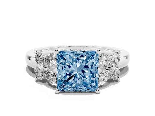 Fancy Blue Princess Cut Diamond Floral Cluster Ring with Solitaire Band and Prong Setting Platinum