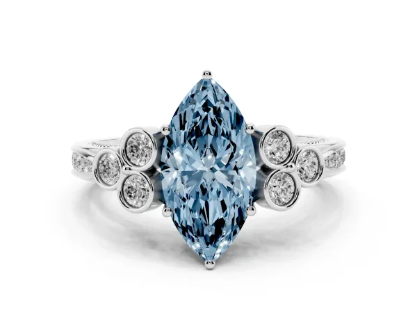 Fancy Blue Marquise Cut Cut Diamond Engagement Ring with Bezel Set Round Side Stones and Prong Setting Platinum