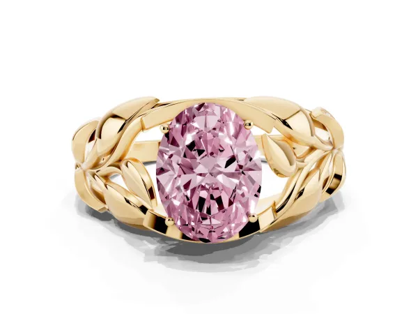 Fancy Pink Oval Cut Diamond Leaf-Inspired Engagement Ring with Round Accents and Prong Setting Yellow gold