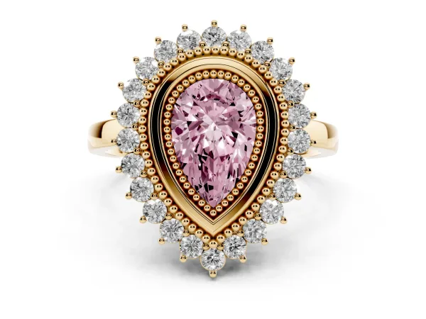 Fancy Pink Pear Cut Halo Diamond Ring with Milgrain Edge and Round Prong Setting Yellow gold