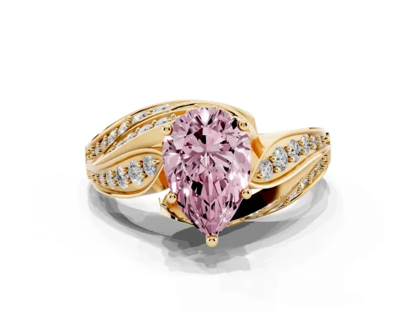 Fancy Pink Pear Cut Diamond Solitaire Ring with Prong Setting and Twisted Pavé Band Yellow gold