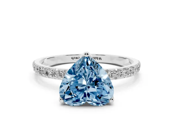 Fancy Blue Heart Cut Diamond Solitaire Engagement Ring with Round Pavé Band and Prong Setting White gold