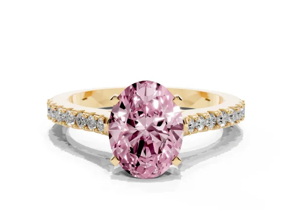 Fancy Pink Oval Cut Cut Solitaire Diamond Engagement Ring with Pave Band and Four-Prong Setting Yellow gold
