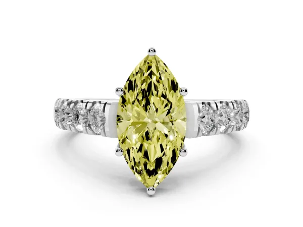 Fancy Yellow Marquise Cut Cut Diamond Solitaire Ring with Micro Pave Band and Prong Setting White gold