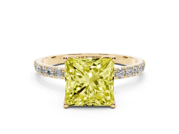 Fancy Yellow Princess Cut Diamond Solitaire Engagement Ring with Round Pavé Band and Prong Setting Yellow gold