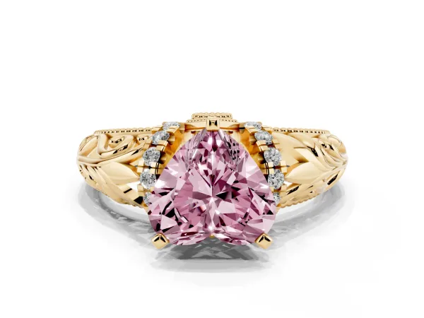 Fancy Pink Heart Cut Solitaire Filigree Engagement Ring with Halo and Prong Setting Yellow gold