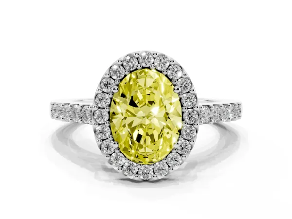 Fancy Yellow Oval Cut Halo Diamond Pavé Solitaire Ring Platinum