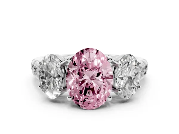 Fancy Pink Three-Stone Oval Cut Diamond Pavé Band with Prong Setting White gold