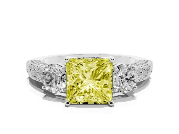 Fancy Yellow Princess Cut Three-Stone Diamond Ring with Pavé Band and Four-Prong Setting Platinum
