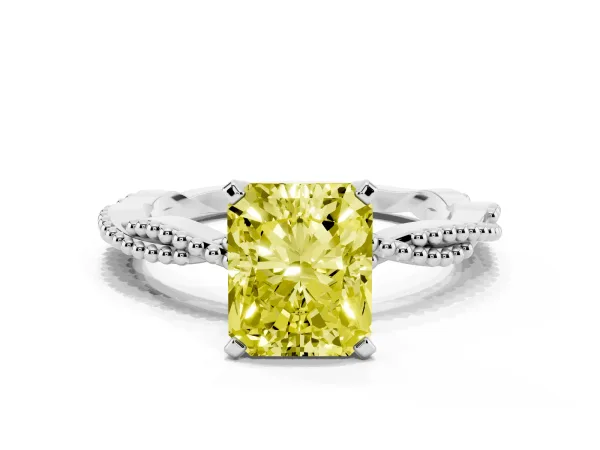 Fancy Yellow Radiant Cut Solitaire Twisted Band with Bead Prong Setting Platinum