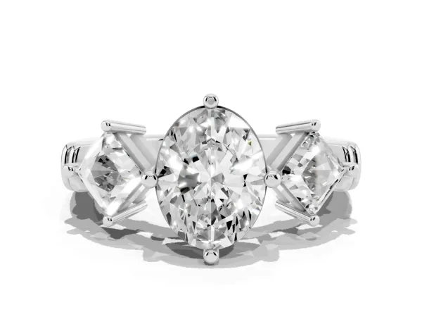 Three-Stone Oval Cut and Princess Cut Diamond Ring with Channel Band and Four-Prong Setting White gold