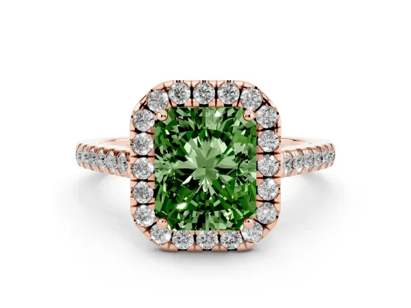 Fancy Green Radiant Cut Halo Pavé Diamond Engagement Ring with Four-Prong Setting Rose gold