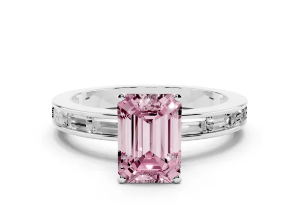 Fancy Pink Emerald Cut Solitaire Diamond Ring with Channel-Set Baguette Band and Four-Prong Setting Platinum