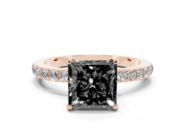Fancy Black Princess Cut Diamond Solitaire Engagement Ring with Pavé Band and Four-Prong Setting Rose gold