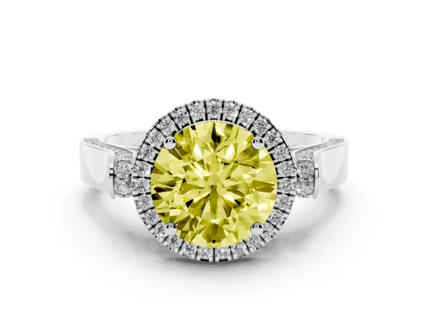 Fancy Yellow Round Cut Halo Round Diamond Twist Band with Four-Prong Setting Platinum