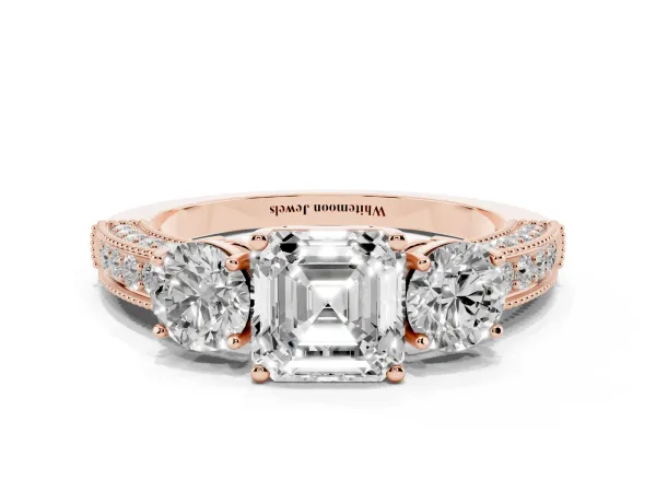 Asscher Cut Three-Stone Diamond Ring with Pavé Band and Four-Prong Setting Rose gold