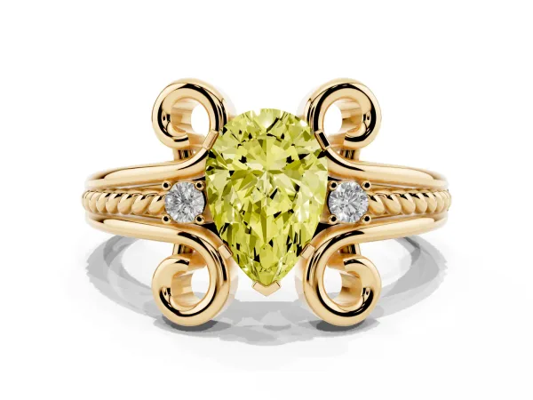 Fancy Yellow Pear Cut Solitaire Twisted Band Scroll Prong Ring Yellow gold