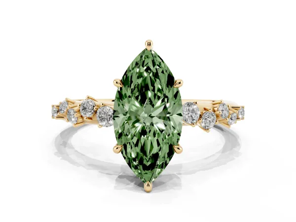 Fancy Green Marquise Cut Diamond Cluster Side Stone Solitaire Ring with Prong Setting Yellow gold
