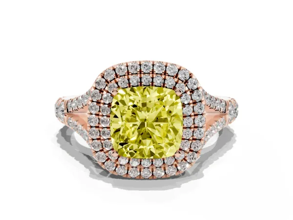 Fancy Yellow Cushion Cut Diamond Pavé Split Shank Double Halo Engagement Ring Rose gold