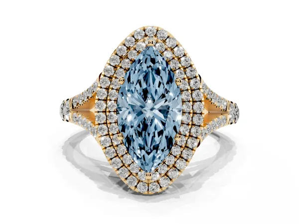 Fancy Blue Marquise Cut Diamond Pavé Split Shank Double Halo Engagement Ring Yellow gold