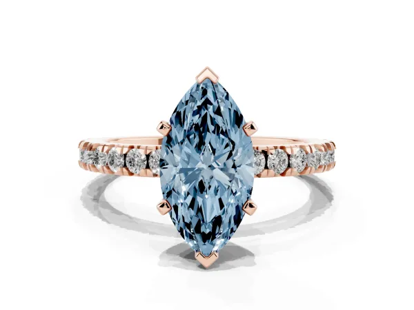 Fancy Blue Marquise Cut Diamond Pavé Band Solitaire with Four-Prong Setting Rose gold