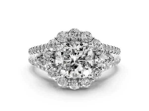Cushion Cut Halo Split Shank Diamond Engagement Ring with Prong Setting Platinum