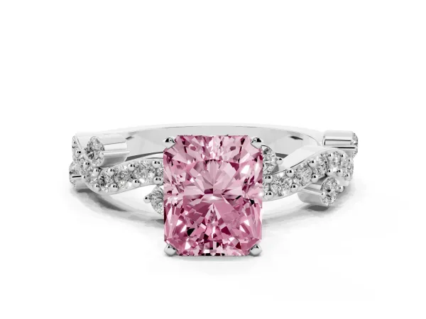 Fancy Pink Radiant Cut Cut Solitaire Diamond Twisted Band with Pave Setting Platinum