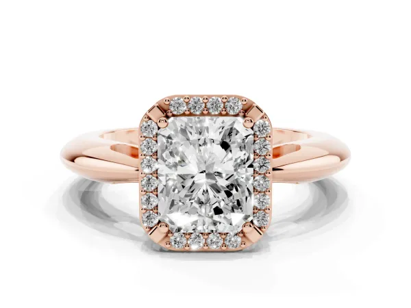 Radiant Cut Cut Diamond Halo Engagement Ring with Split Shank and Four-Prong Setting Rose gold