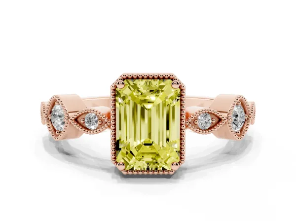 Fancy Yellow Emerald Cut Diamond Vintage Milgrain Ring with Round Stations Rose gold